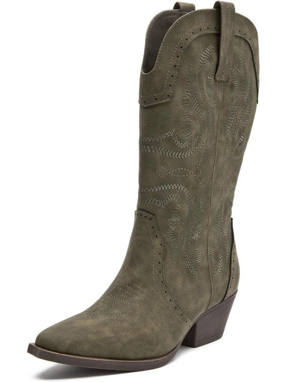 Women’s Green Cowboy Boots Mid Calf Embroidered Pointed Toe Block Heel